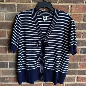 Striped Navy & White Short Sleeve Knit Top with Bow Detail XL